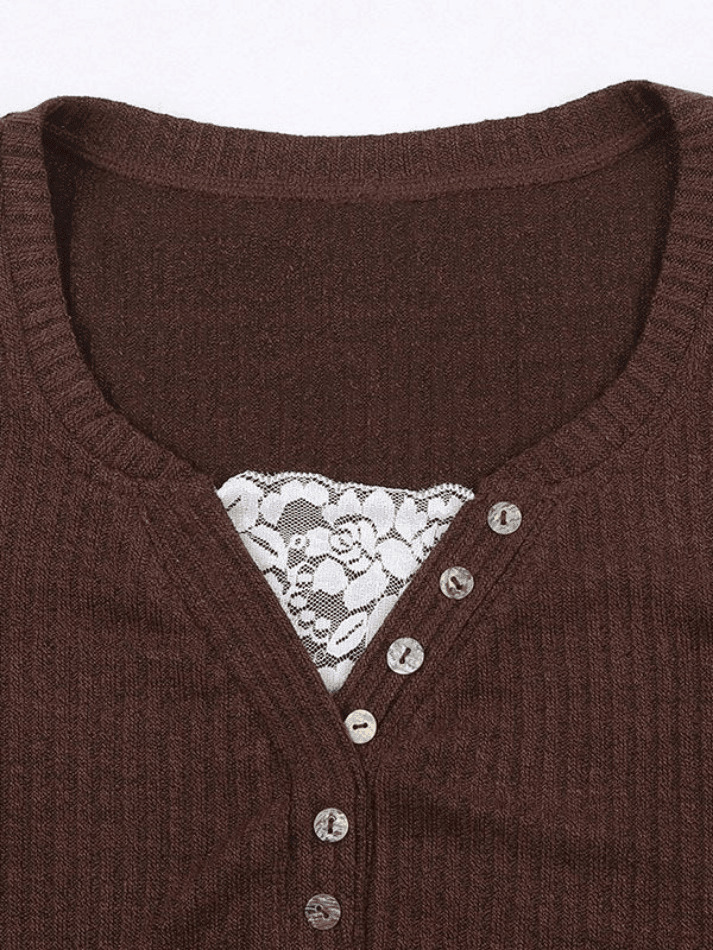 Y2K Fashion Lace Paneled Button Long Sleeve Knit Top - Coquette Aesthetic Grunge Style