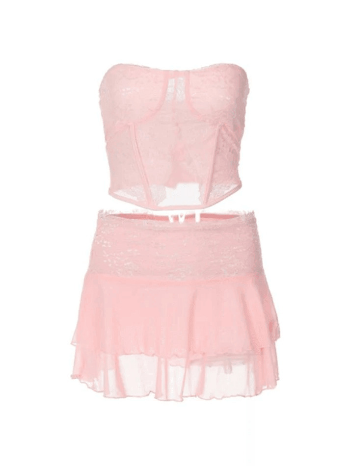 Y2K Fashion Lace Paneled Two Piece Set for Women - Coquette Aesthetic Grunge Style Outfit