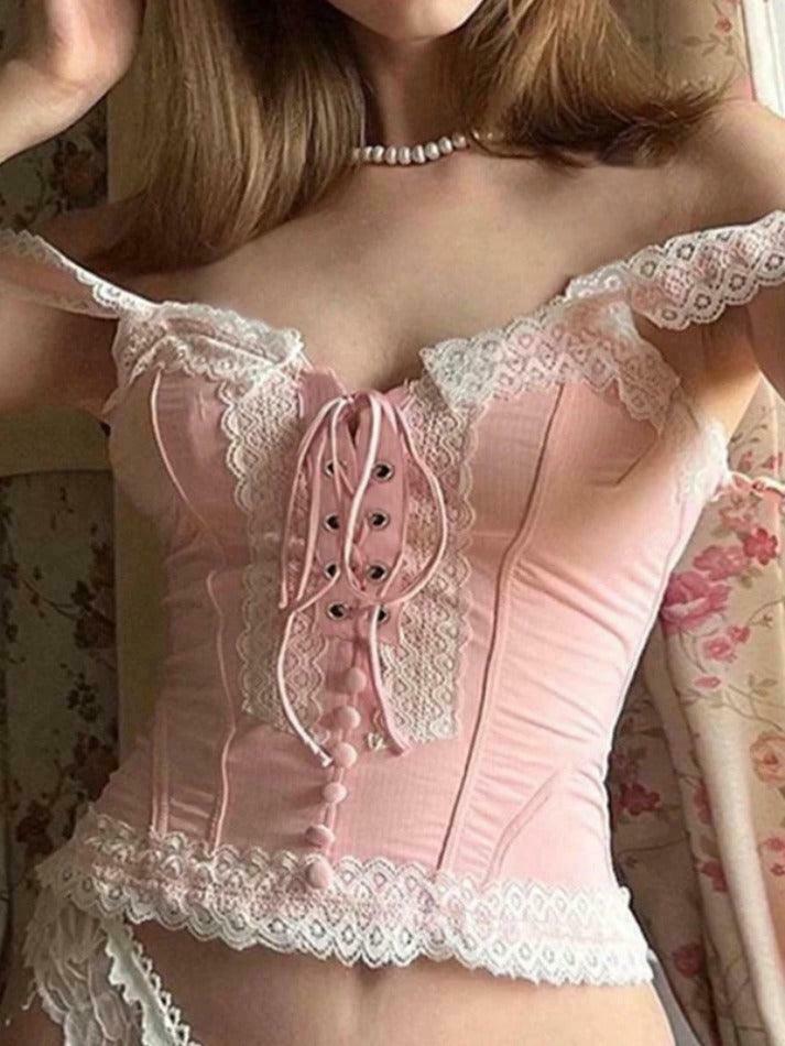 Y2K Fashion Lace Splice Crossover Tie-Up Tank Top - Coquette Aesthetic, Grunge Style, Cute Tops