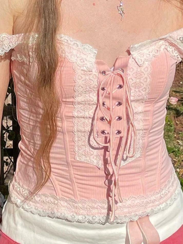 Y2K Fashion Lace Splice Crossover Tie-Up Tank Top - Coquette Aesthetic, Grunge Style, Cute Tops