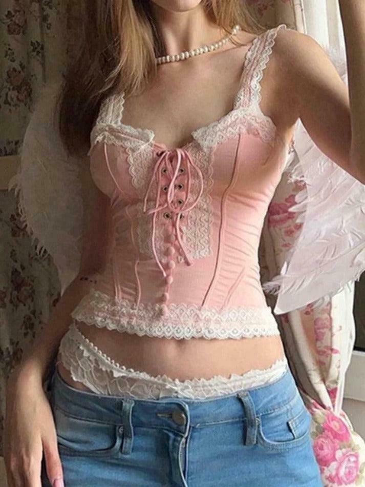 Y2K Fashion Lace Splice Crossover Tie-Up Tank Top - Coquette Aesthetic, Grunge Style, Cute Tops
