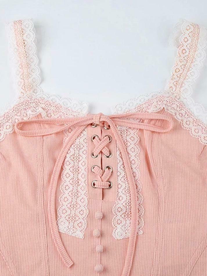 Y2K Fashion Lace Splice Crossover Tie-Up Tank Top - Coquette Aesthetic, Grunge Style, Cute Tops