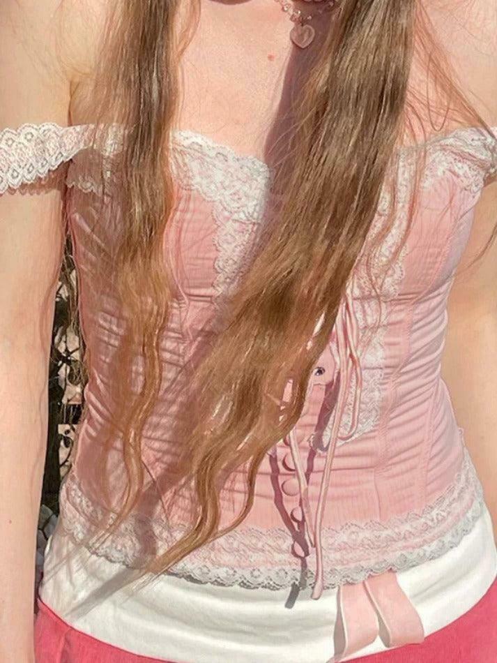 Y2K Fashion Lace Splice Crossover Tie-Up Tank Top - Coquette Aesthetic, Grunge Style, Cute Tops