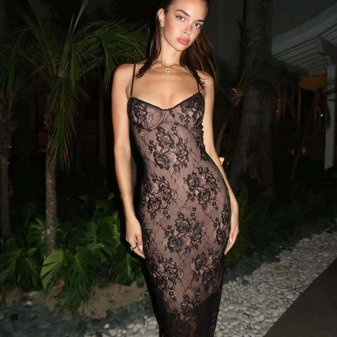 Y2K Fashion Lace Stitching Suspender Slim Dress - Coquette Aesthetic Grunge Style Cute
