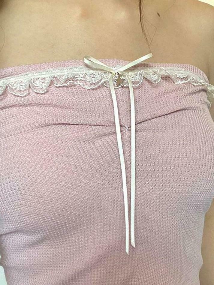 Y2K Fashion Lace Trim Tube Top - Coquette Aesthetic Grunge Style - Cute Pastel Goth Outfit
