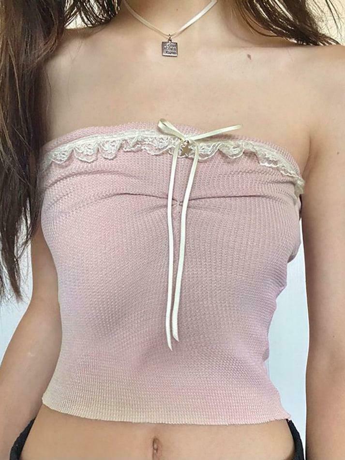 Y2K Fashion Lace Trim Tube Top - Coquette Aesthetic Grunge Style - Cute Pastel Goth Outfit