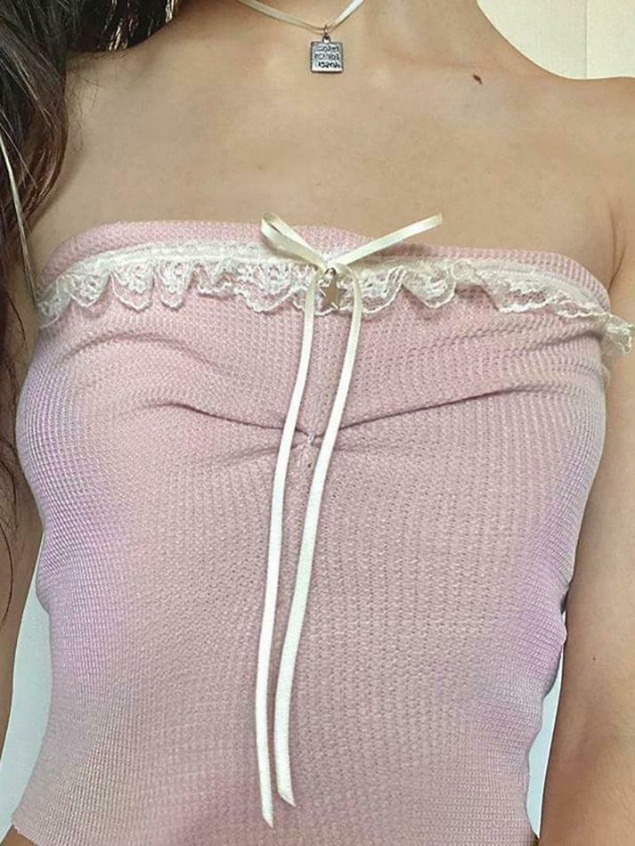 Y2K Fashion Lace Trim Tube Top - Coquette Aesthetic Grunge Style - Cute Pastel Goth Outfit