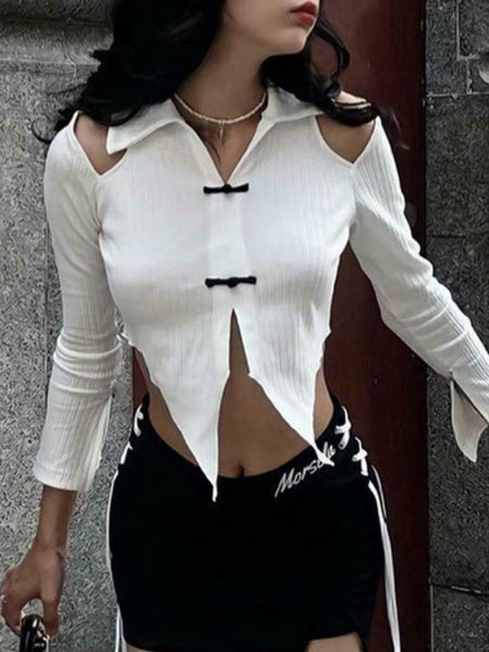 Y2K Fashion Lapel Cutout Irregular Hem Knit Sweater for Women - Coquette Aesthetic Grunge Style