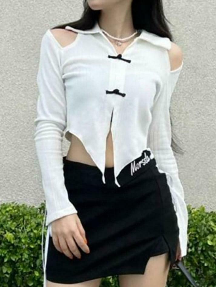 Y2K Fashion Lapel Cutout Irregular Hem Knit Sweater for Women - Coquette Aesthetic Grunge Style