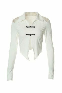Y2K Fashion Lapel Cutout Irregular Hem Knit Sweater for Women - Coquette Aesthetic Grunge Style
