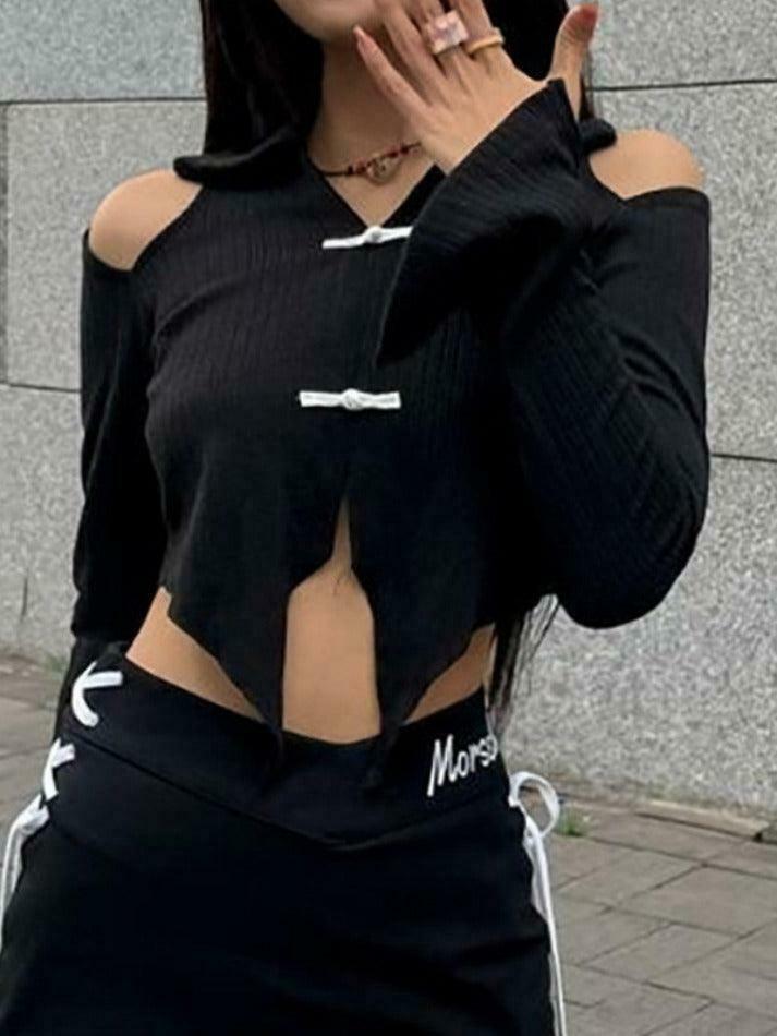 Y2K Fashion Lapel Cutout Irregular Hem Knit Sweater for Women - Coquette Aesthetic Grunge Style