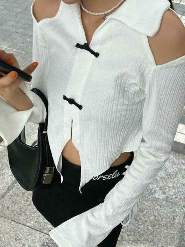 Y2K Fashion Lapel Cutout Irregular Hem Knit Sweater for Women - Coquette Aesthetic Grunge Style
