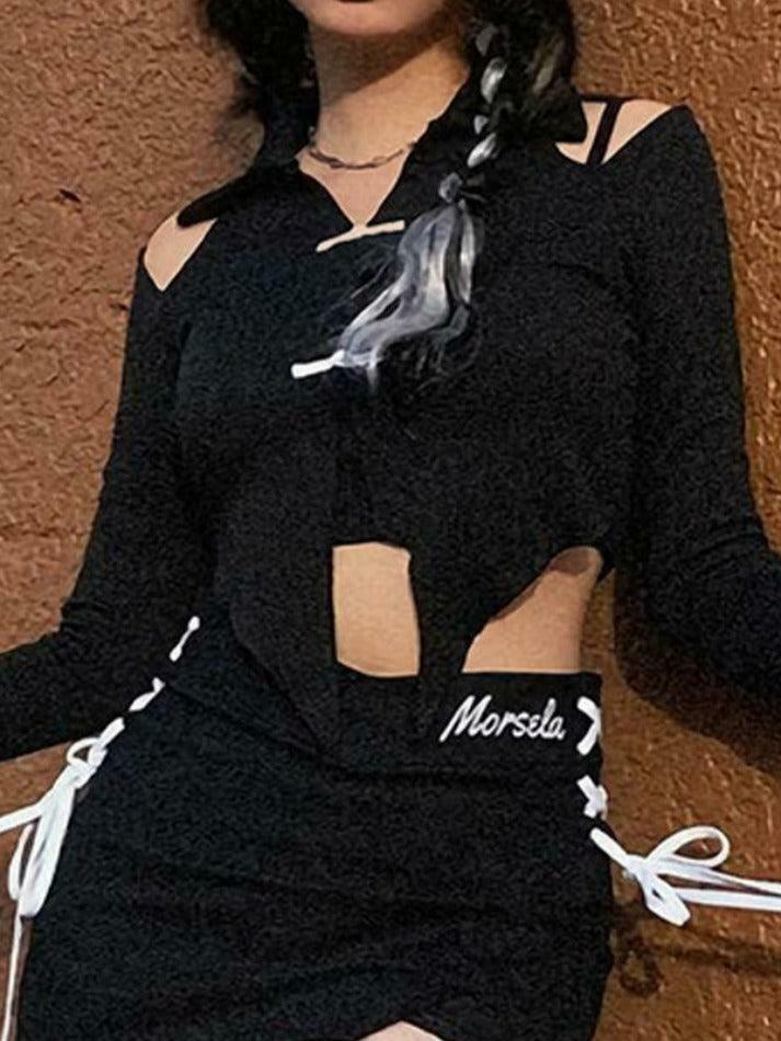 Y2K Fashion Lapel Cutout Irregular Hem Knit Sweater for Women - Coquette Aesthetic Grunge Style