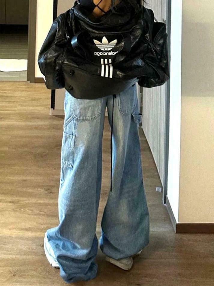 Y2K Fashion Loose Boyfriend Jeans with Big Pockets and Patchwork Detail