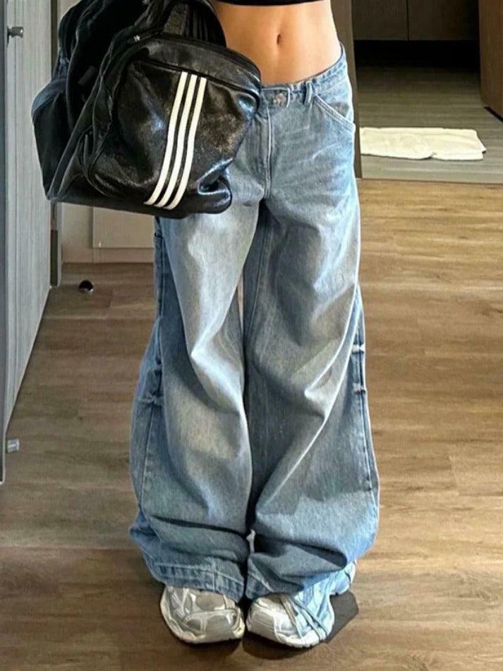 Y2K Fashion Loose Boyfriend Jeans with Big Pockets and Patchwork Detail