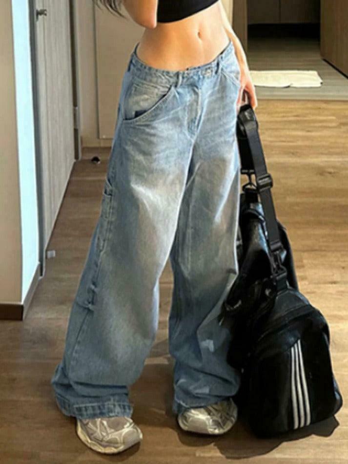 Y2K Fashion Loose Boyfriend Jeans with Big Pockets and Patchwork Detail