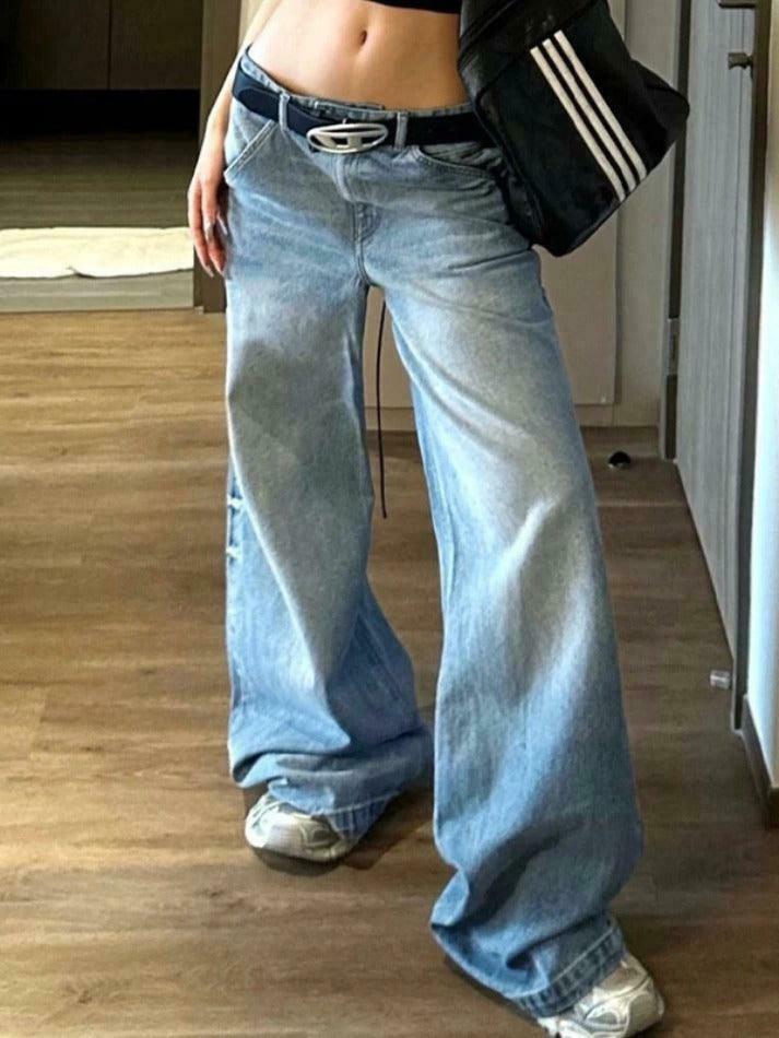 Y2K Fashion Loose Boyfriend Jeans with Big Pockets and Patchwork Detail