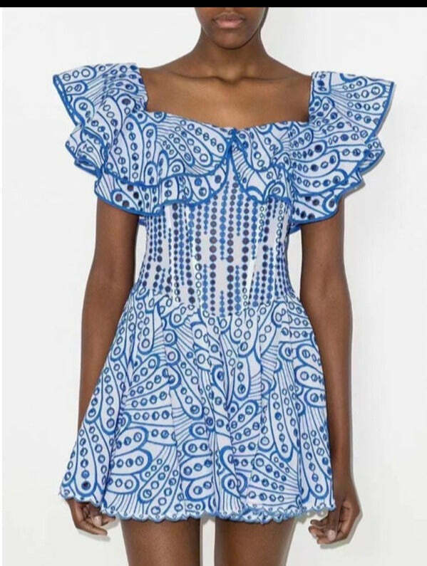 Y2K Fashion: One-Shoulder Ruffled Embroidery Dress for Coquette Aesthetic - Slim Waist, Grunge Style