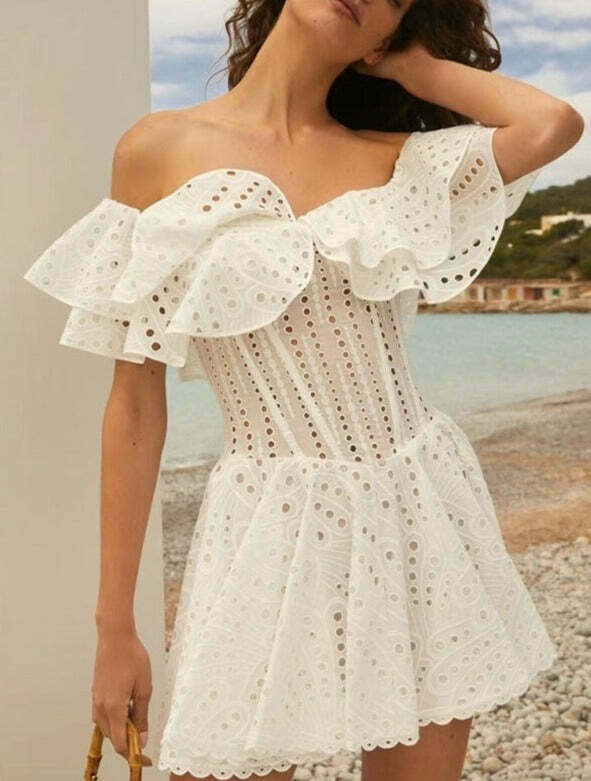 Y2K Fashion: One-Shoulder Ruffled Embroidery Dress for Coquette Aesthetic - Slim Waist, Grunge Style