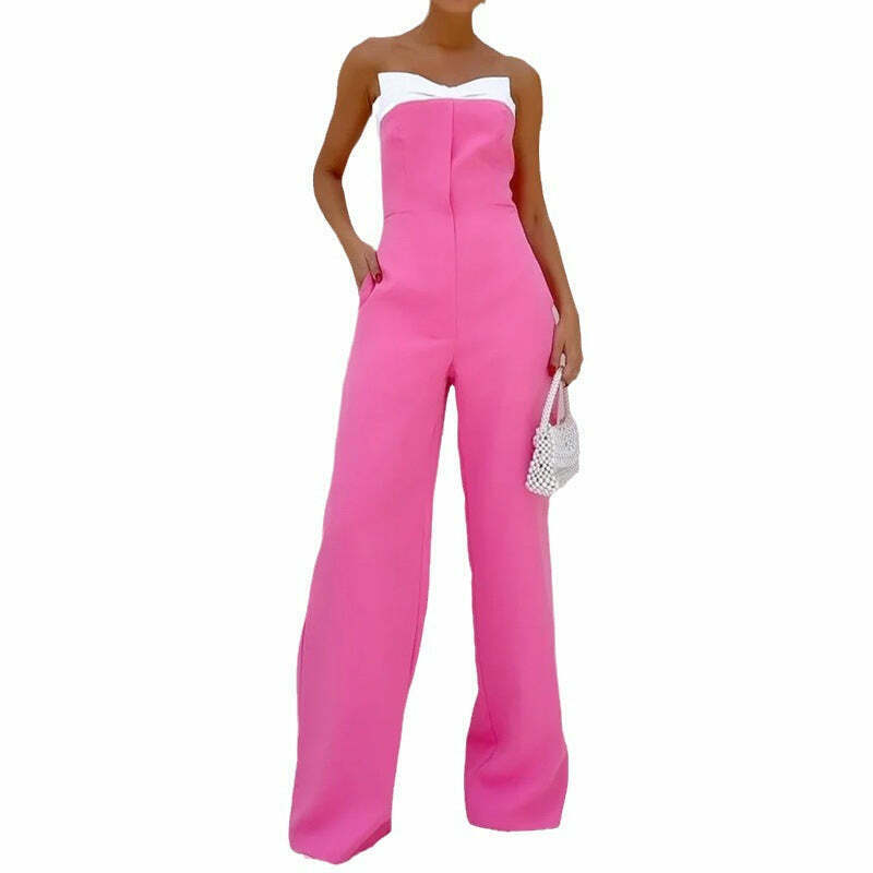 Y2K Fashion Pink Sleeveless Tube Top Wide-Leg Jumpsuit - Coquette Aesthetic Grunge Style