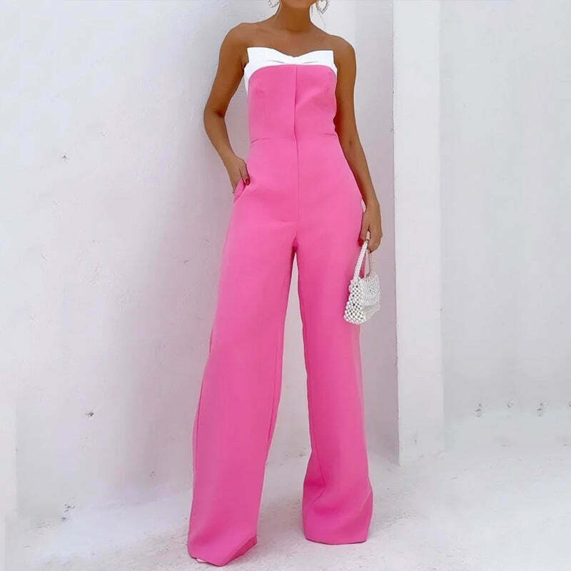 Y2K Fashion Pink Sleeveless Tube Top Wide-Leg Jumpsuit - Coquette Aesthetic Grunge Style