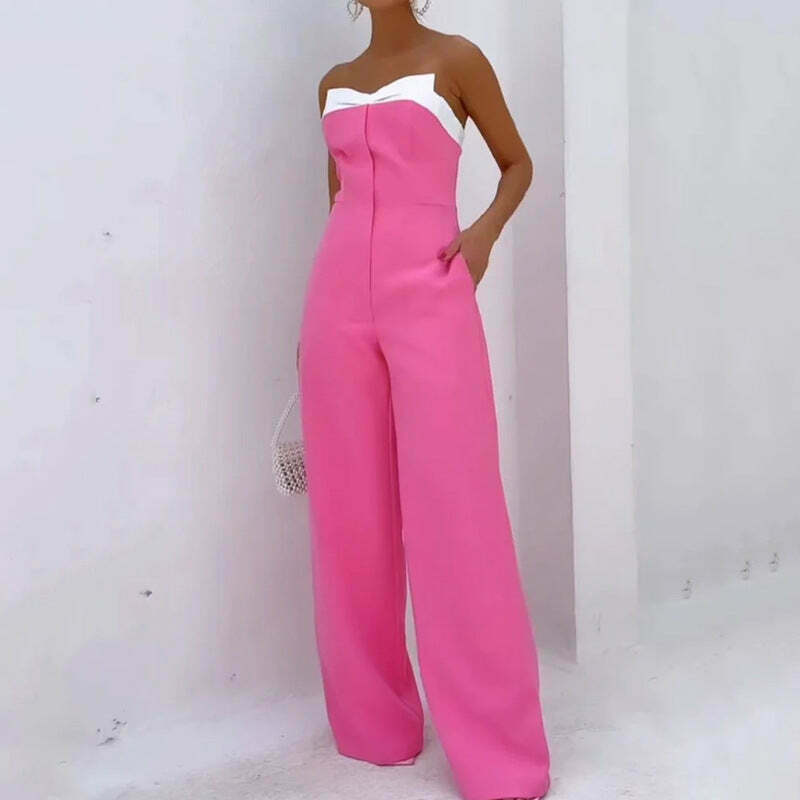Y2K Fashion Pink Sleeveless Tube Top Wide-Leg Jumpsuit - Coquette Aesthetic Grunge Style