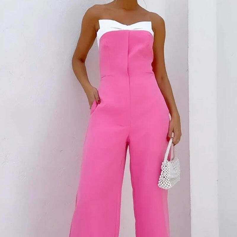 Y2K Fashion Pink Sleeveless Tube Top Wide-Leg Jumpsuit - Coquette Aesthetic Grunge Style