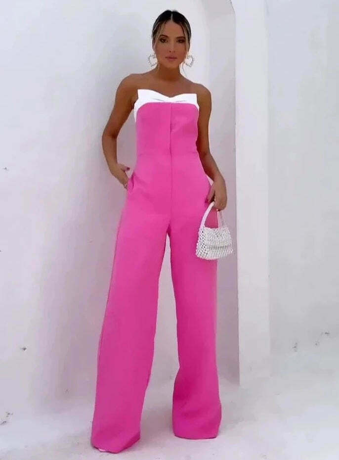 Y2K Fashion Pink Sleeveless Tube Top Wide-Leg Jumpsuit - Coquette Aesthetic Grunge Style