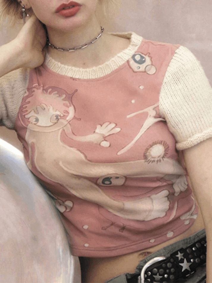 Y2K Fashion Print Patchwork Tee: Coquette & Grunge Aesthetic Tops for Women