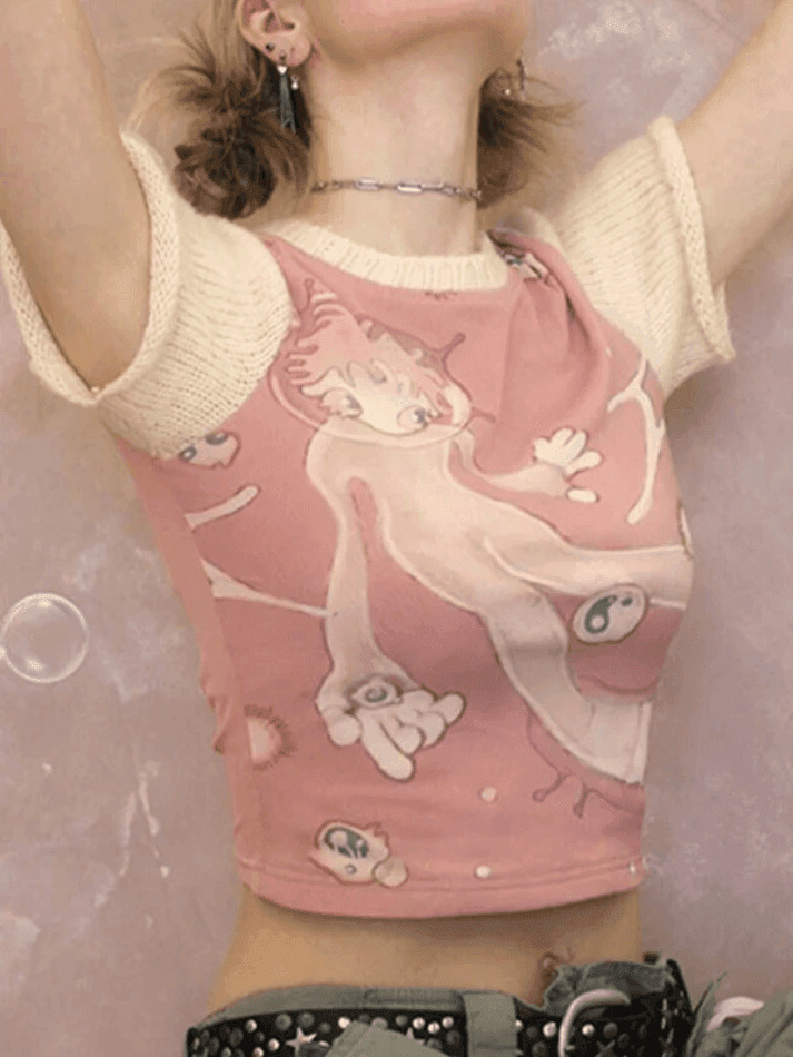 Y2K Fashion Print Patchwork Tee: Coquette & Grunge Aesthetic Tops for Women