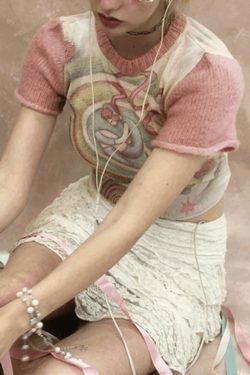 Y2K Fashion Print Patchwork Tee: Coquette & Grunge Aesthetic Tops for Women
