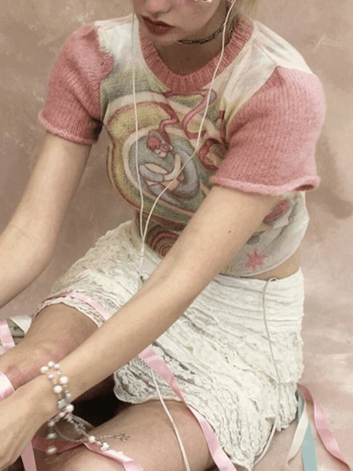 Y2K Fashion Print Patchwork Tee: Coquette & Grunge Aesthetic Tops for Women