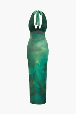 Y2K Fashion Printed Halter Corset Drawstring Slit Midi Dress