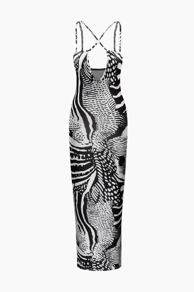 Y2K Fashion Printed Maxi Dress with Cross Strap Cut-Out Detail