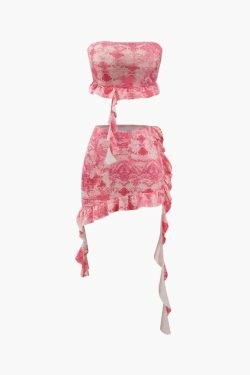 Y2K Fashion Printed Ruffle Tube Top & Asymmetric Mini Skirt Set