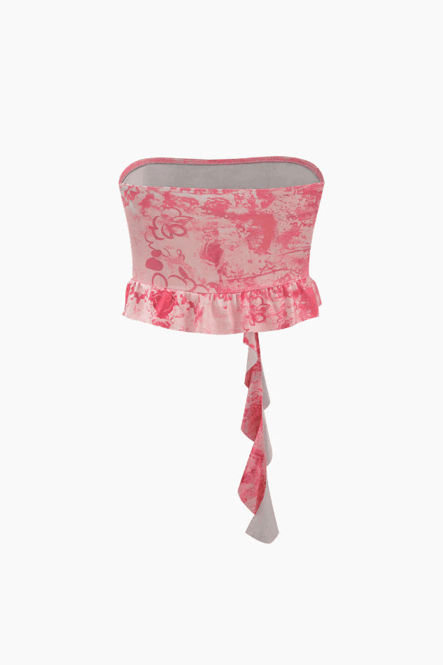 Y2K Fashion Printed Ruffle Tube Top & Asymmetric Mini Skirt Set