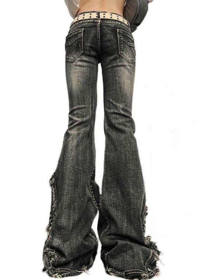 Y2K Fashion Raw Trim Splice Flare Jeans - Coquette Aesthetic Cargo Skirt Style