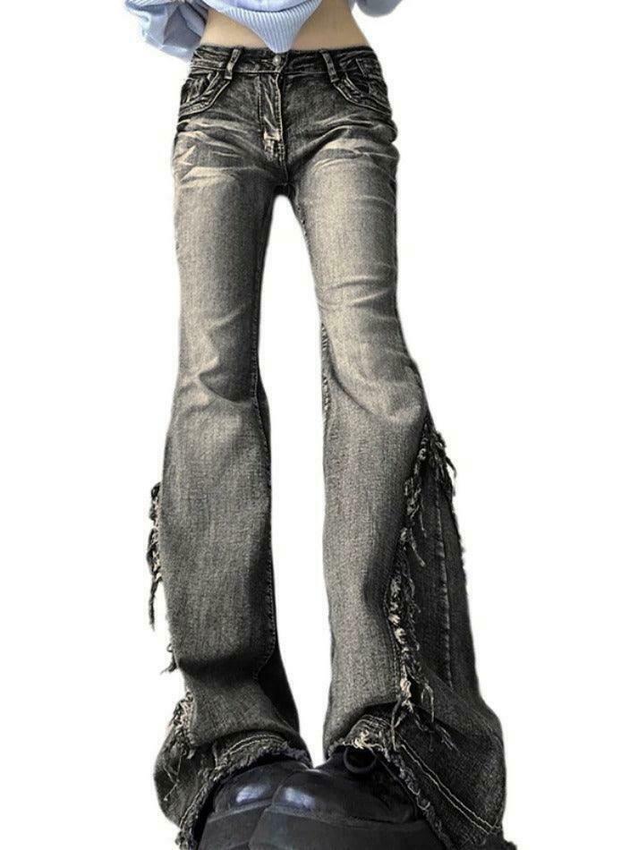Y2K Fashion Raw Trim Splice Flare Jeans - Coquette Aesthetic Cargo Skirt Style