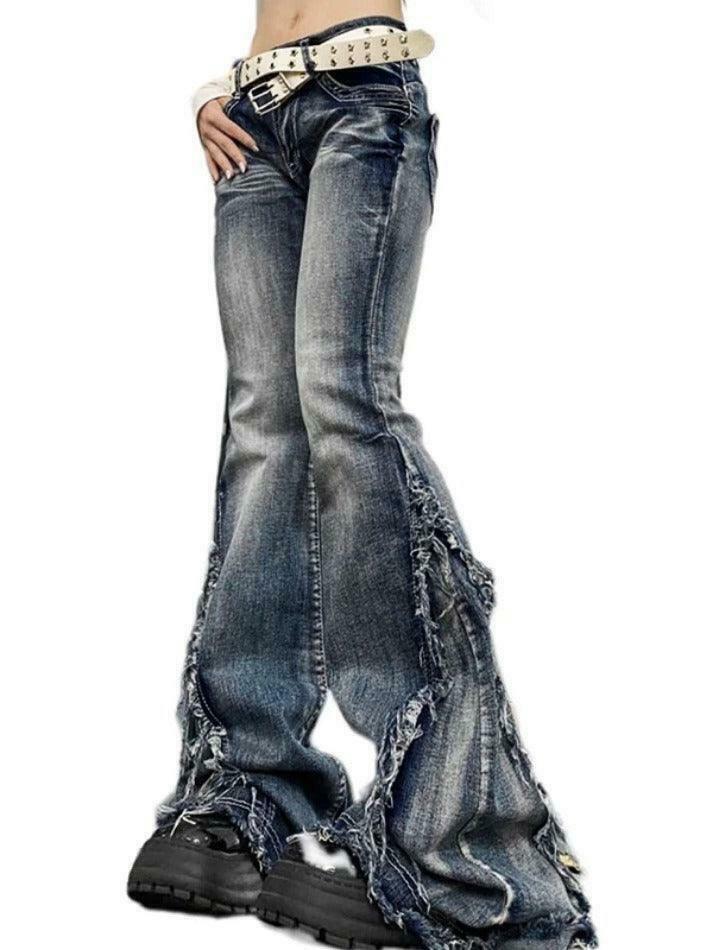 Y2K Fashion Raw Trim Splice Flare Jeans - Coquette Aesthetic Cargo Skirt Style