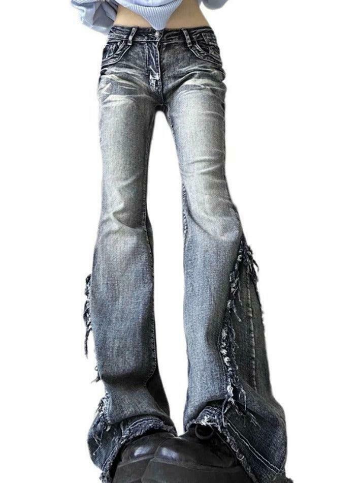 Y2K Fashion Raw Trim Splice Flare Jeans - Coquette Aesthetic Cargo Skirt Style