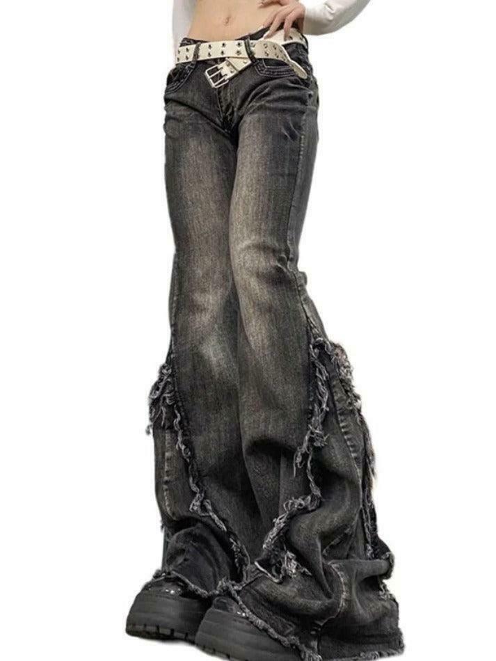 Y2K Fashion Raw Trim Splice Flare Jeans - Coquette Aesthetic Cargo Skirt Style