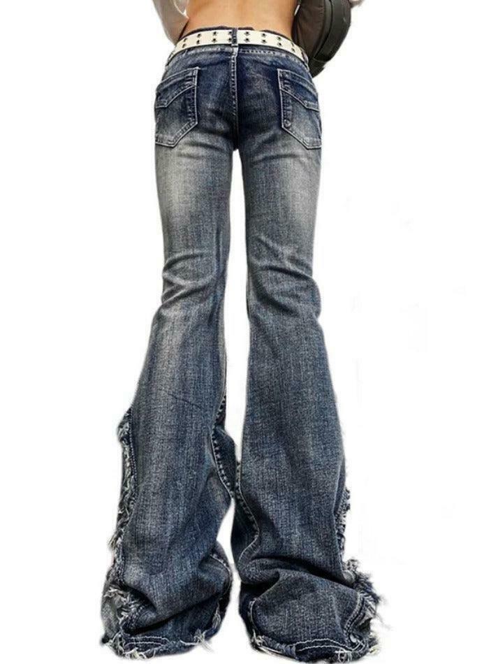 Y2K Fashion Raw Trim Splice Flare Jeans - Coquette Aesthetic Cargo Skirt Style