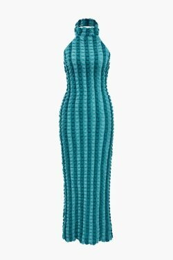 Y2K Fashion Red Halter Backless Maxi Dress with Popcorn Texture