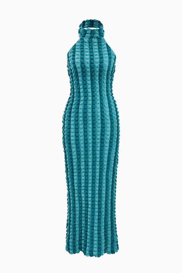 Y2K Fashion Red Halter Backless Maxi Dress with Popcorn Texture