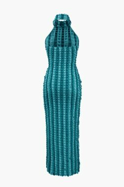 Y2K Fashion Red Halter Backless Maxi Dress with Popcorn Texture