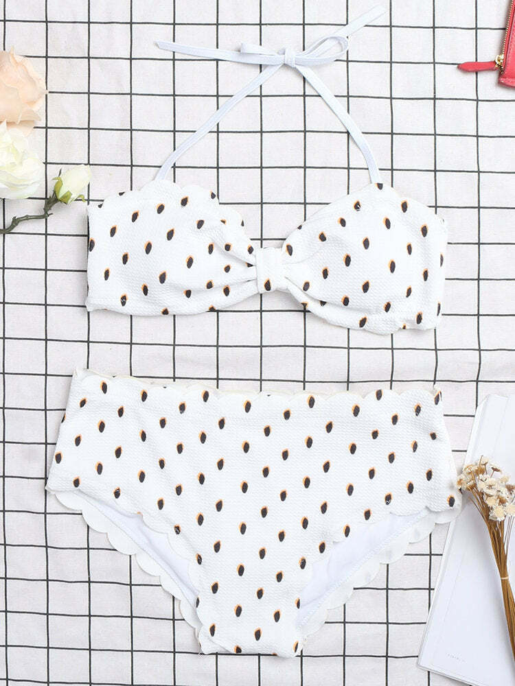 Y2K Fashion: Ruffled Wave Edge Backless Polka Dot Convertible Strap Bikinis Swimsuits