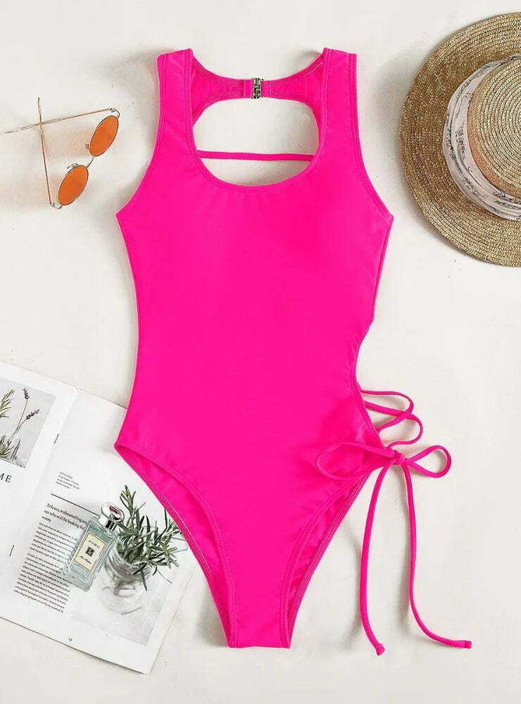 Y2K Fashion: Sexy Hollow Lace-Up One Piece Bikini - Coquette Aesthetic Beachwear