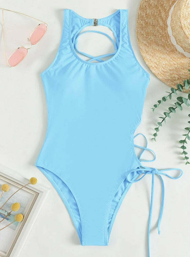 Y2K Fashion: Sexy Hollow Lace-Up One Piece Bikini - Coquette Aesthetic Beachwear