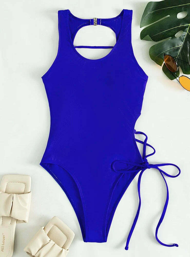 Y2K Fashion: Sexy Hollow Lace-Up One Piece Bikini - Coquette Aesthetic Beachwear