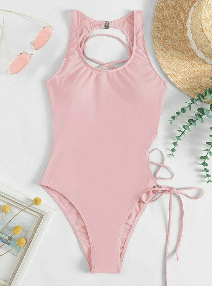Y2K Fashion: Sexy Hollow Lace-Up One Piece Bikini - Coquette Aesthetic Beachwear